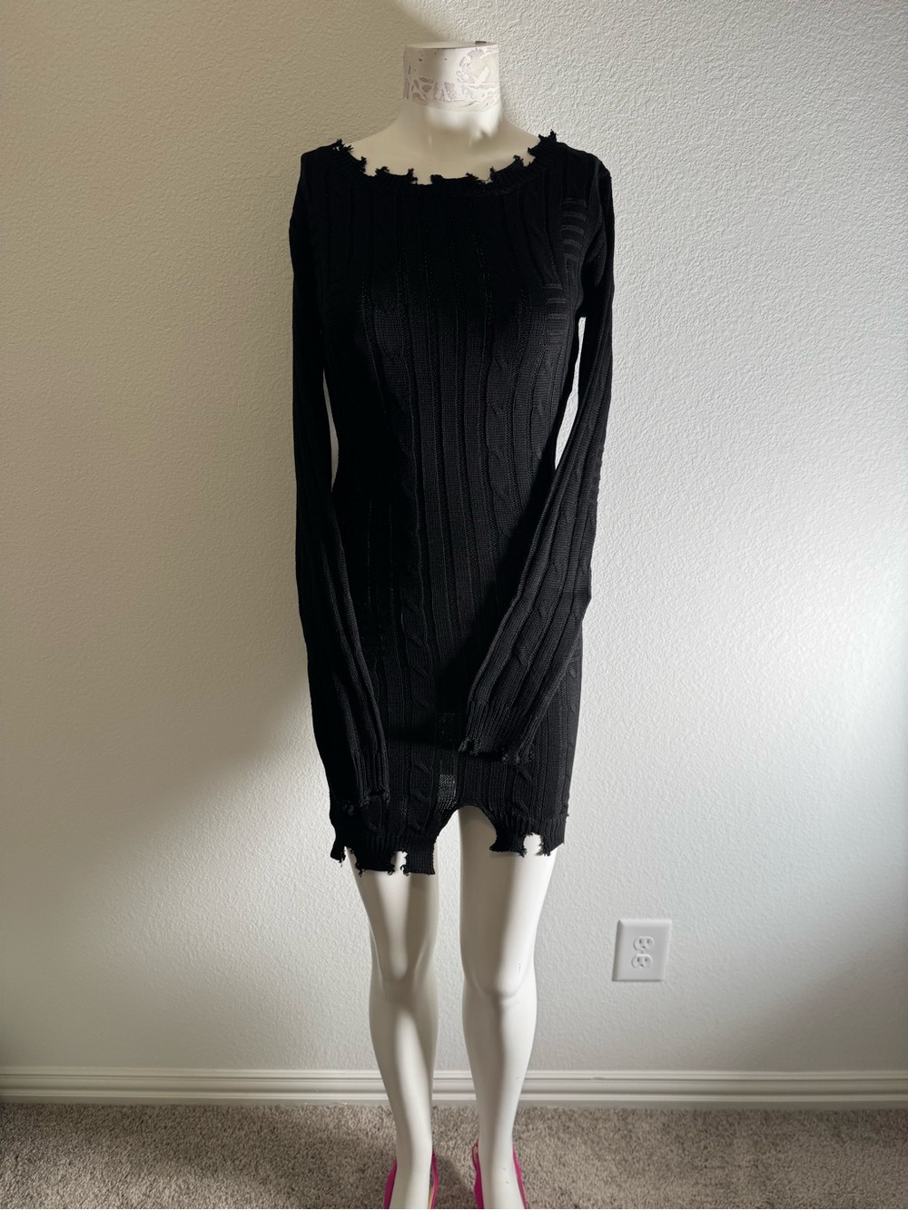Black Distressed Ribbed Long-Sleeve Dress